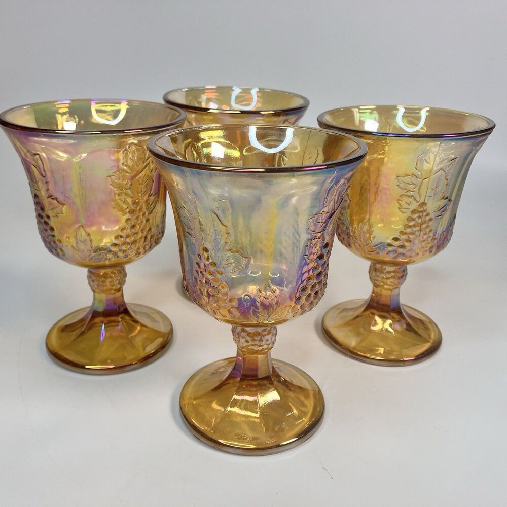 Vtg Indiana Glass Goblets Set of 4 Harvest Gold Iridescent 5 3/8" Wine Water